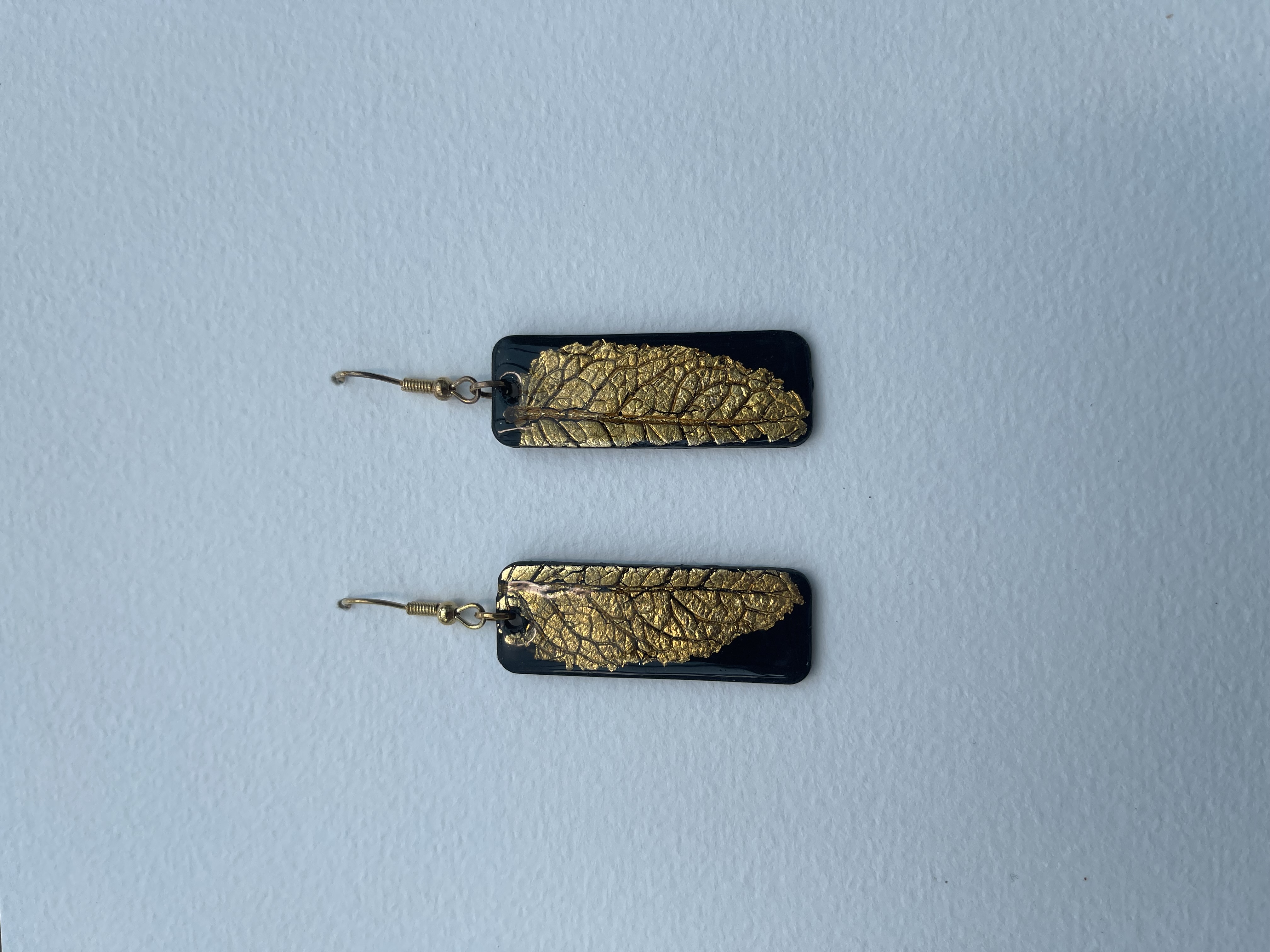 Black with gold leaf, rectangle earrings (m)