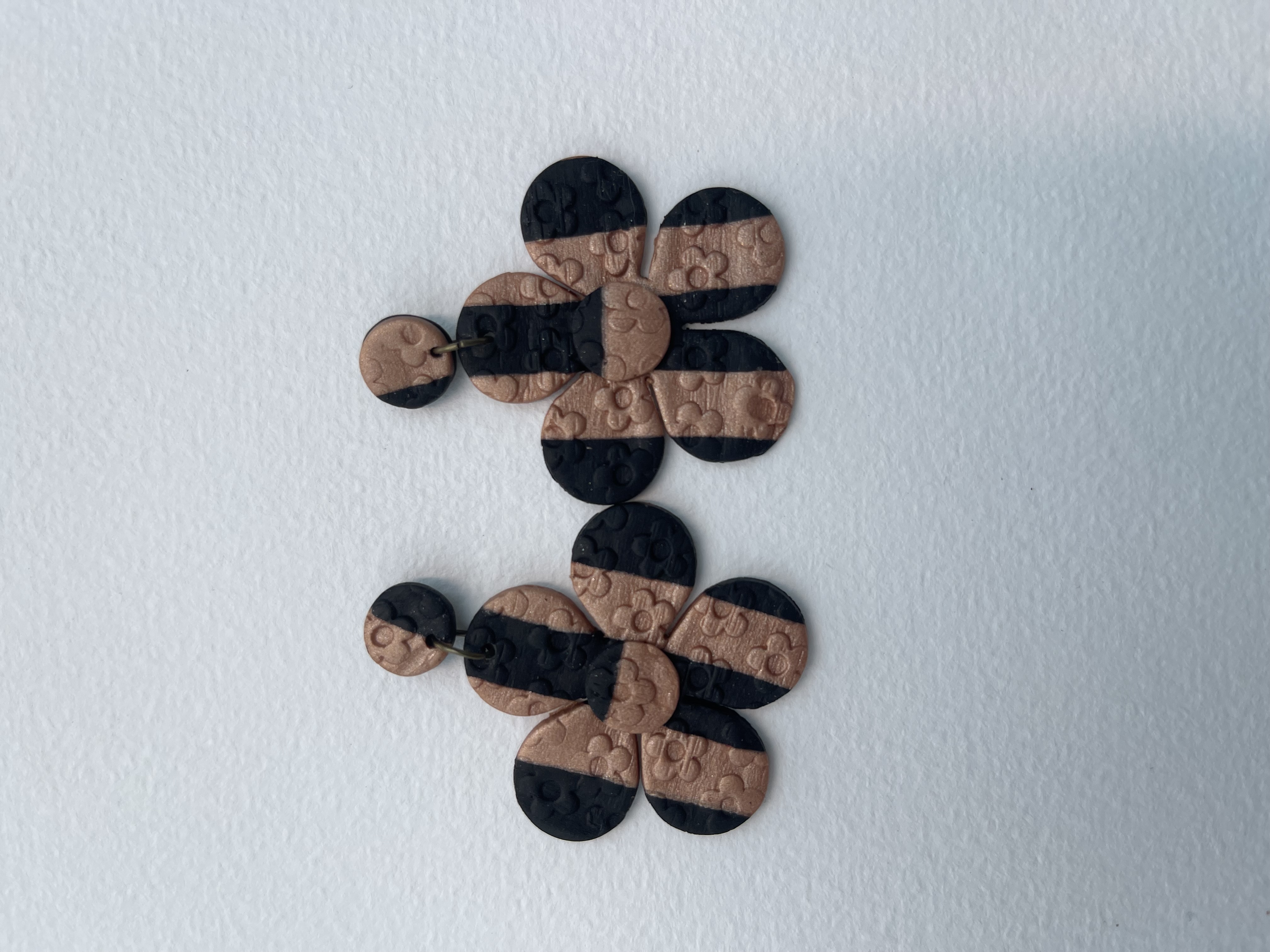 Black with rose gold, flower earrings, studs (L)