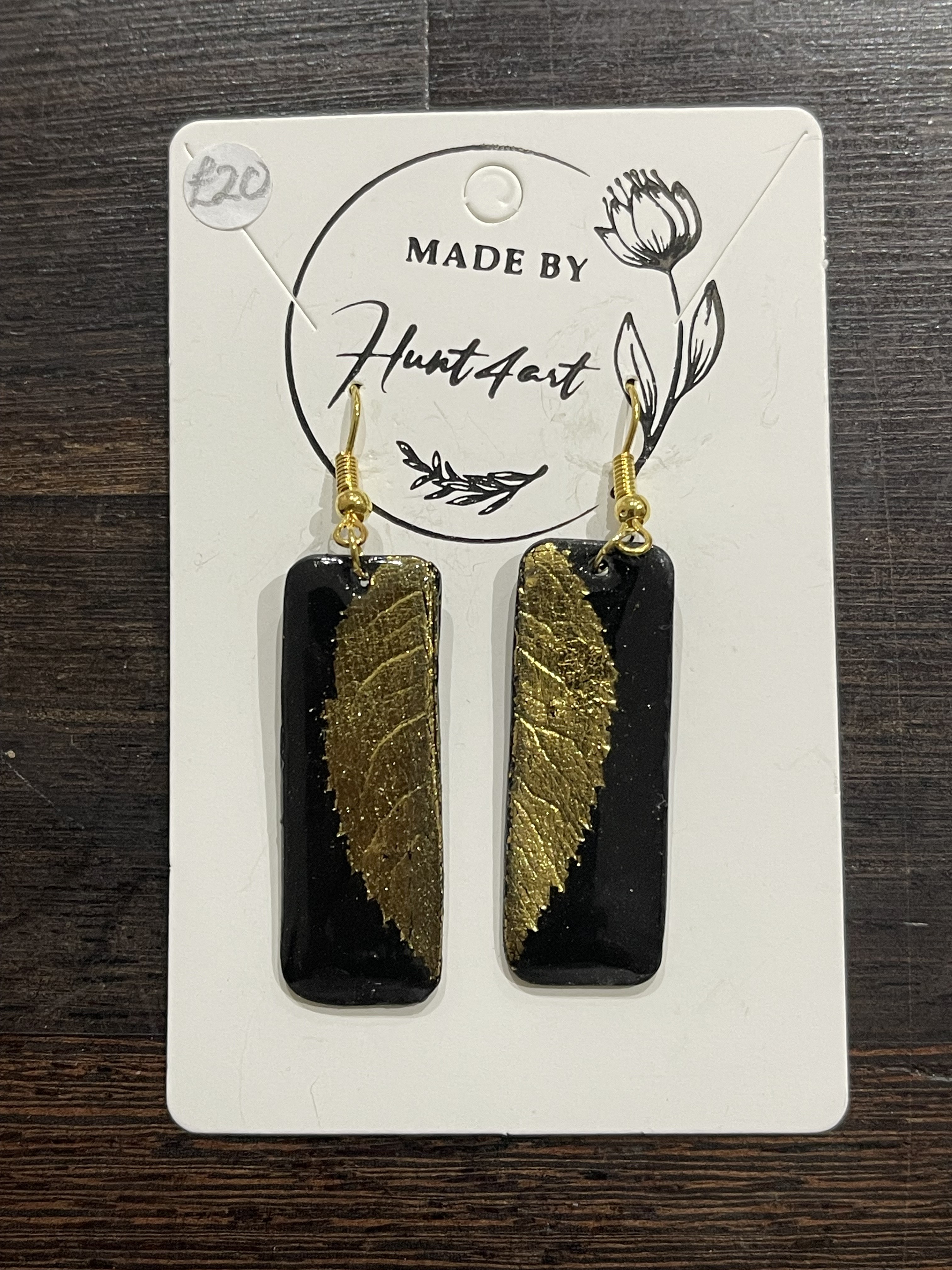 Earrings long black gold leaf