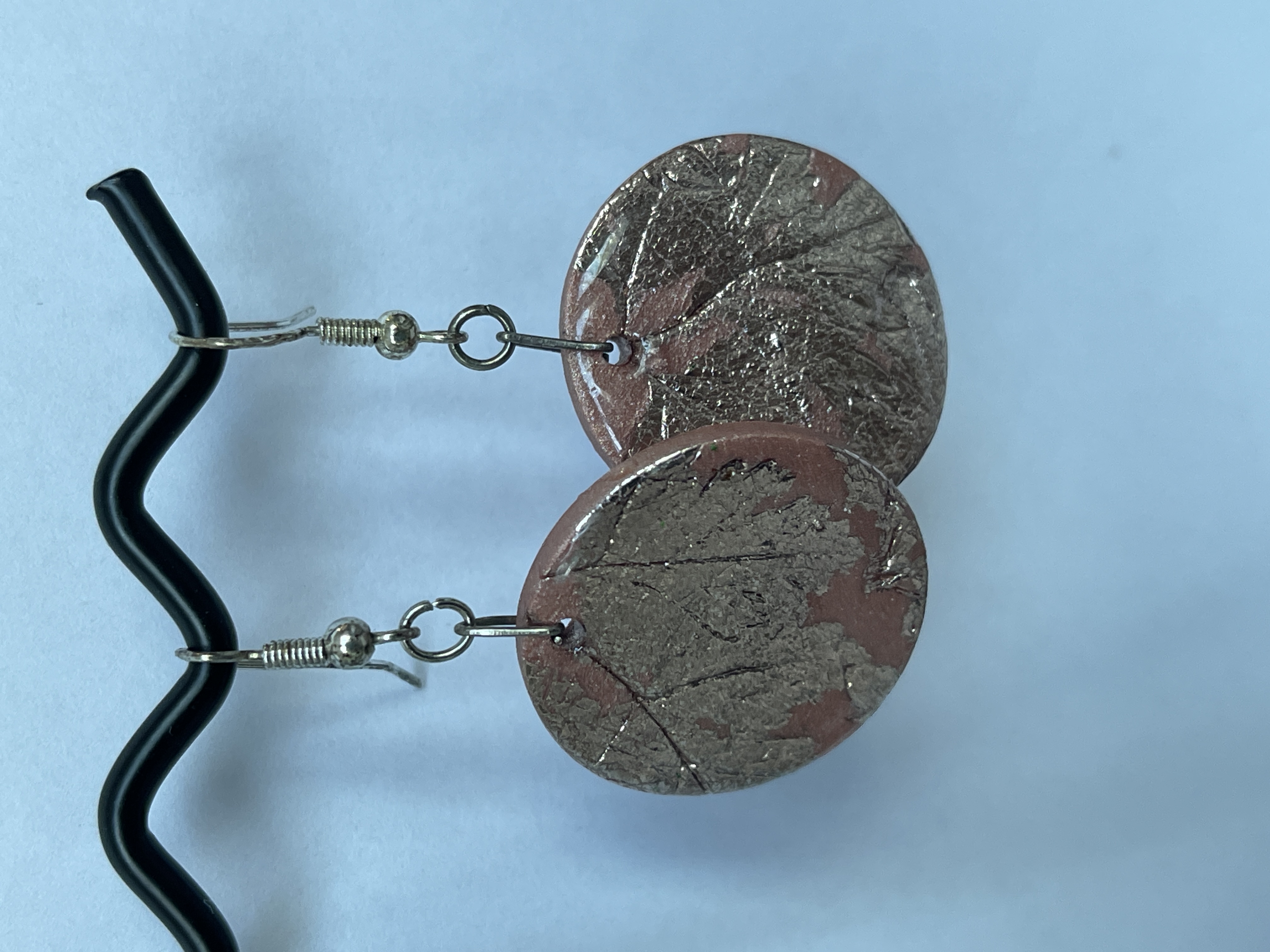 Earrings pale pink circular drops with gold leaf